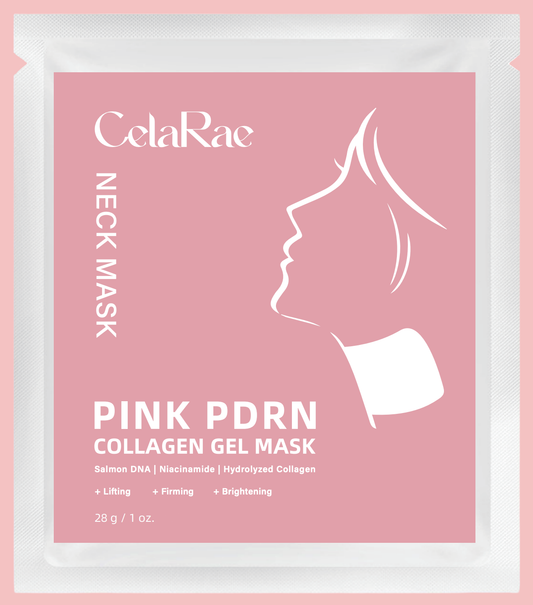 A pink packet of CelaRae Pink PDRN Collagen Gel Neck Mask, 28g/1oz, featuring a silhouette of a woman's neck. It contains Salmon DNA, Niacinamide, and Hydrolyzed Collagen, offering lifting, firming, and brightening benefits.