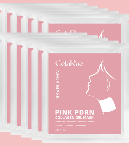 A stack of ten pink CelaRae Pink PDRN Collagen Gel Neck Mask packets, each 28g/1oz, featuring a silhouette of a woman's neck. The masks contain Salmon DNA, Niacinamide, and Hydrolyzed Collagen, offering lifting, firming, and brightening benefits.