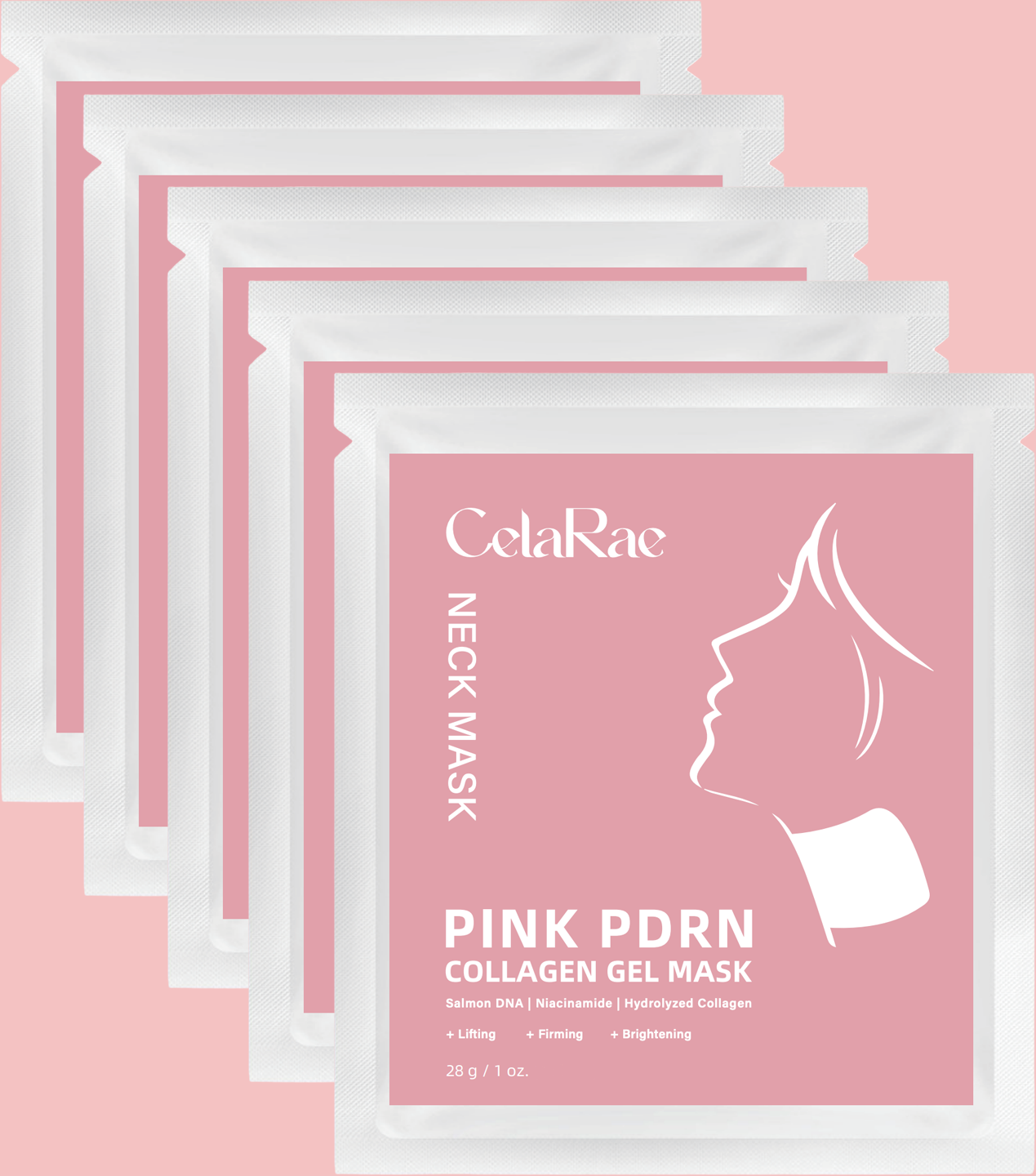 A stack of five pink packets of Celarae Pink PDRN Collagen Gel Neck Masks, each containing 28g/1oz. The packaging features a silhouette of a woman's neck and chin, with text highlighting ingredients like Salmon DNA, Niacinamide, and Hydrolyzed Collagen, and benefits including lifting, firming, and brightening.
