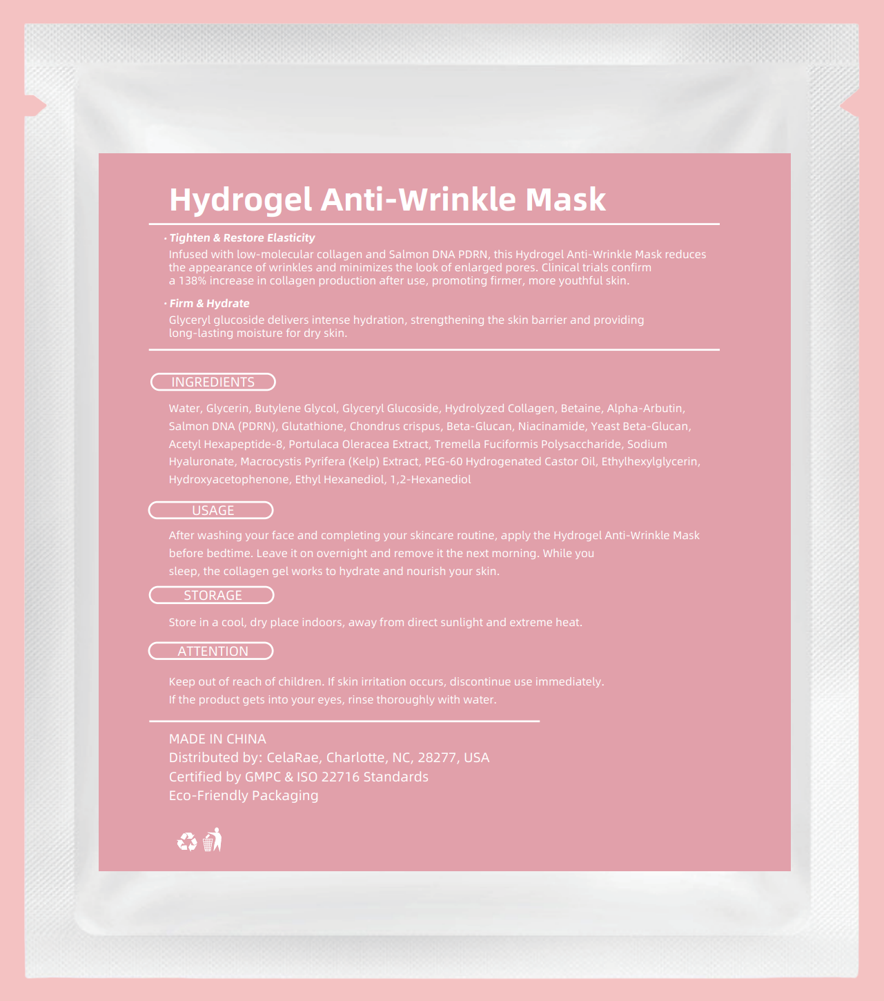 A pink Hydrogel Anti-Wrinkle Mask packet by CelaRae, certified by GMP & ISO 22716 Standards, with eco-friendly packaging. Infused with collagen and Salmon DNA, it reduces wrinkles and hydrates skin. Includes usage and storage instructions, with a warning to keep out of reach of children.