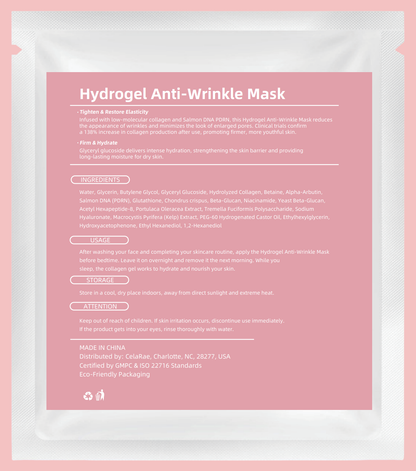 A pink Hydrogel Anti-Wrinkle Mask packet by CelaRae, certified by GMP & ISO 22716 Standards, with eco-friendly packaging. Infused with collagen and Salmon DNA, it reduces wrinkles and hydrates skin. Includes usage and storage instructions, with a warning to keep out of reach of children.